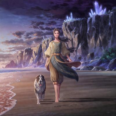 The primary subject of the image is a woman walking her dog on a beach. The woman is wearing a blue dress and is accompanied by her dog. The setting is a beach with a rocky cliff in the background. The visual style is an illustration, and the colors and mood are serene and peaceful.